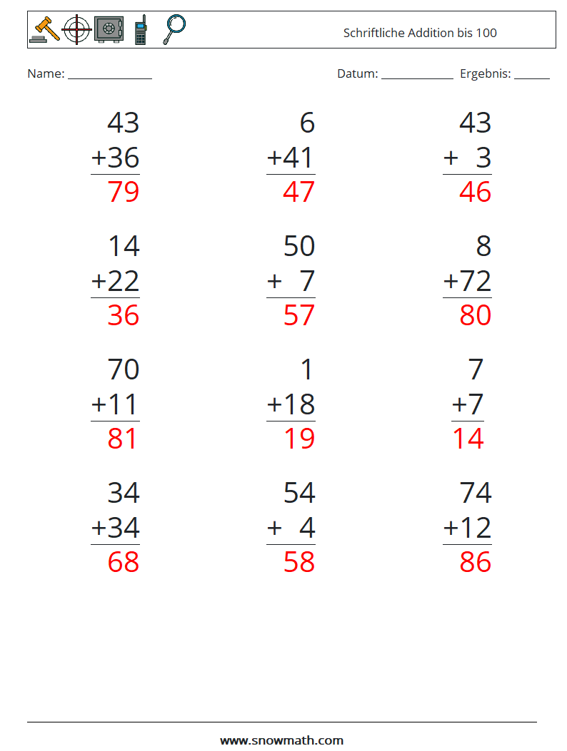 (12) Schriftliche Addition bis 100 Mathe-Arbeitsblätter 11 Frage, Antwort