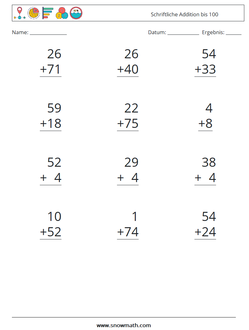 (12) Schriftliche Addition bis 100 Mathe-Arbeitsblätter 12