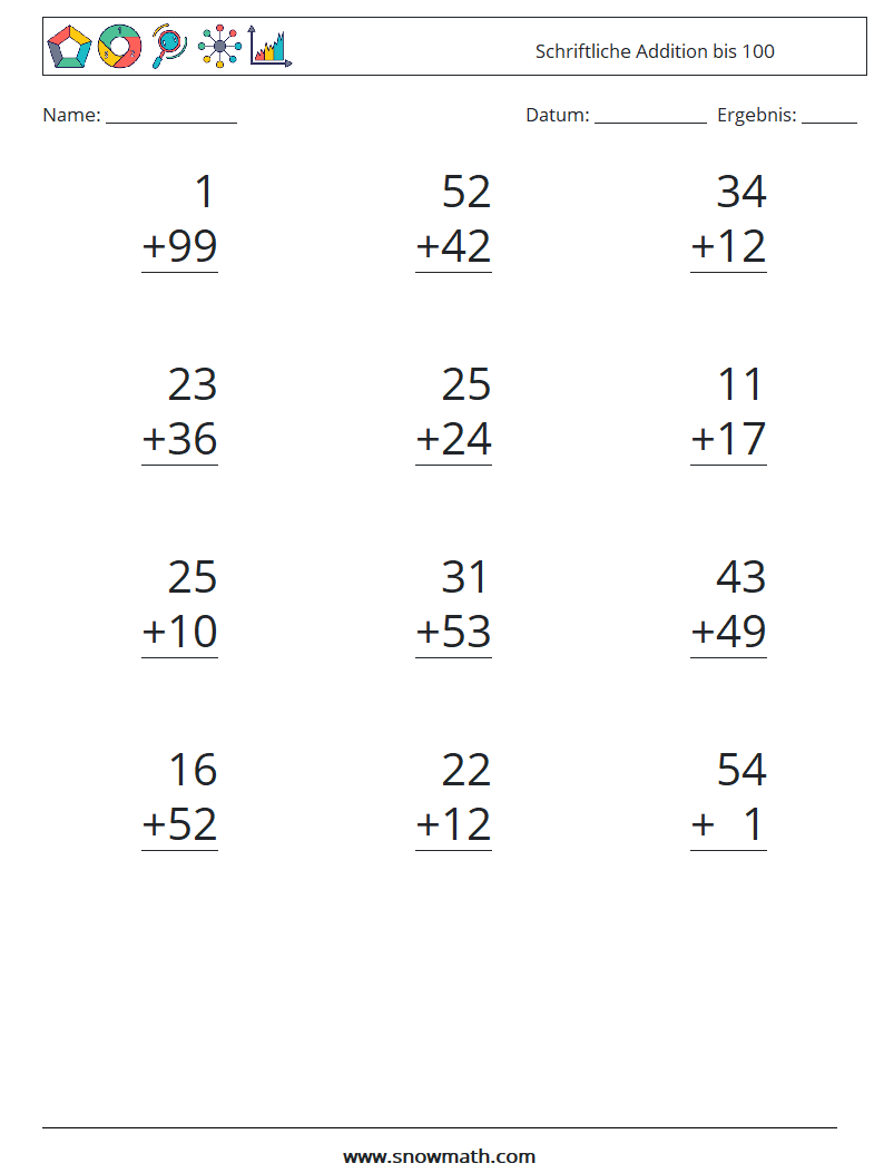 (12) Schriftliche Addition bis 100 Mathe-Arbeitsblätter 14