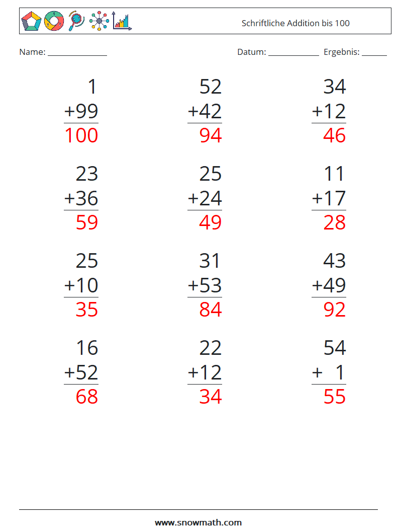 (12) Schriftliche Addition bis 100 Mathe-Arbeitsblätter 14 Frage, Antwort