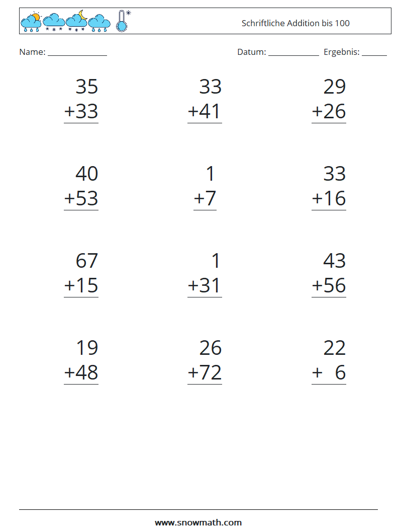 (12) Schriftliche Addition bis 100 Mathe-Arbeitsblätter 15