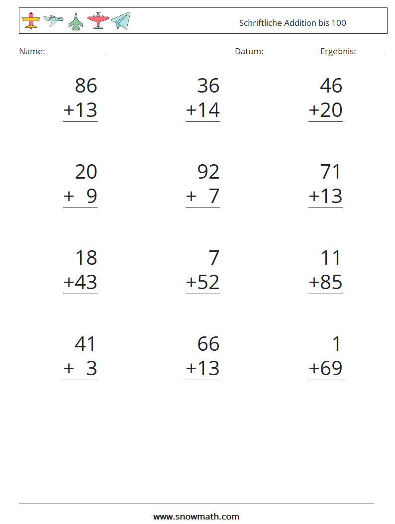 (12) Schriftliche Addition bis 100 Mathe-Arbeitsblätter 16