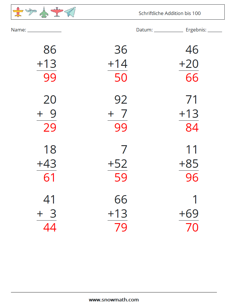 (12) Schriftliche Addition bis 100 Mathe-Arbeitsblätter 16 Frage, Antwort