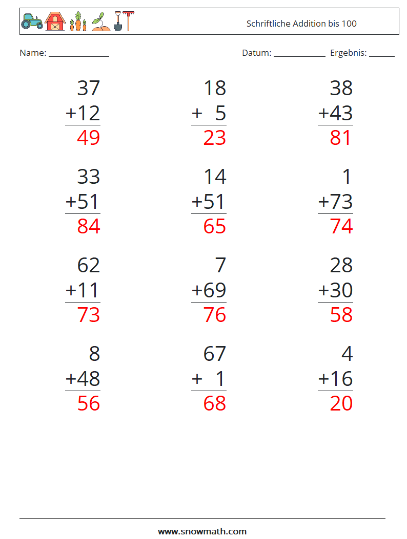 (12) Schriftliche Addition bis 100 Mathe-Arbeitsblätter 17 Frage, Antwort