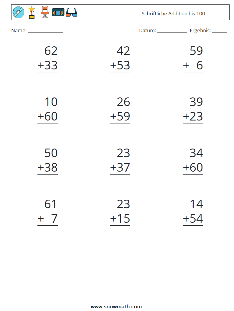 (12) Schriftliche Addition bis 100 Mathe-Arbeitsblätter 18