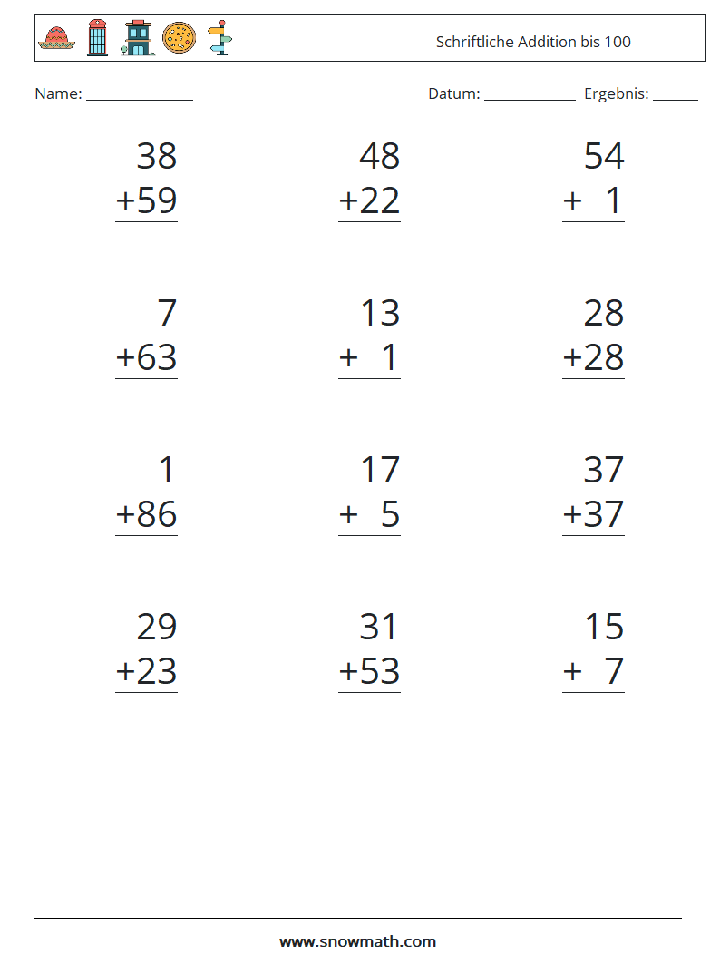(12) Schriftliche Addition bis 100 Mathe-Arbeitsblätter 3