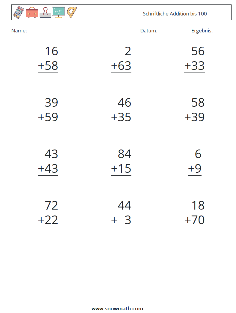 (12) Schriftliche Addition bis 100 Mathe-Arbeitsblätter 5