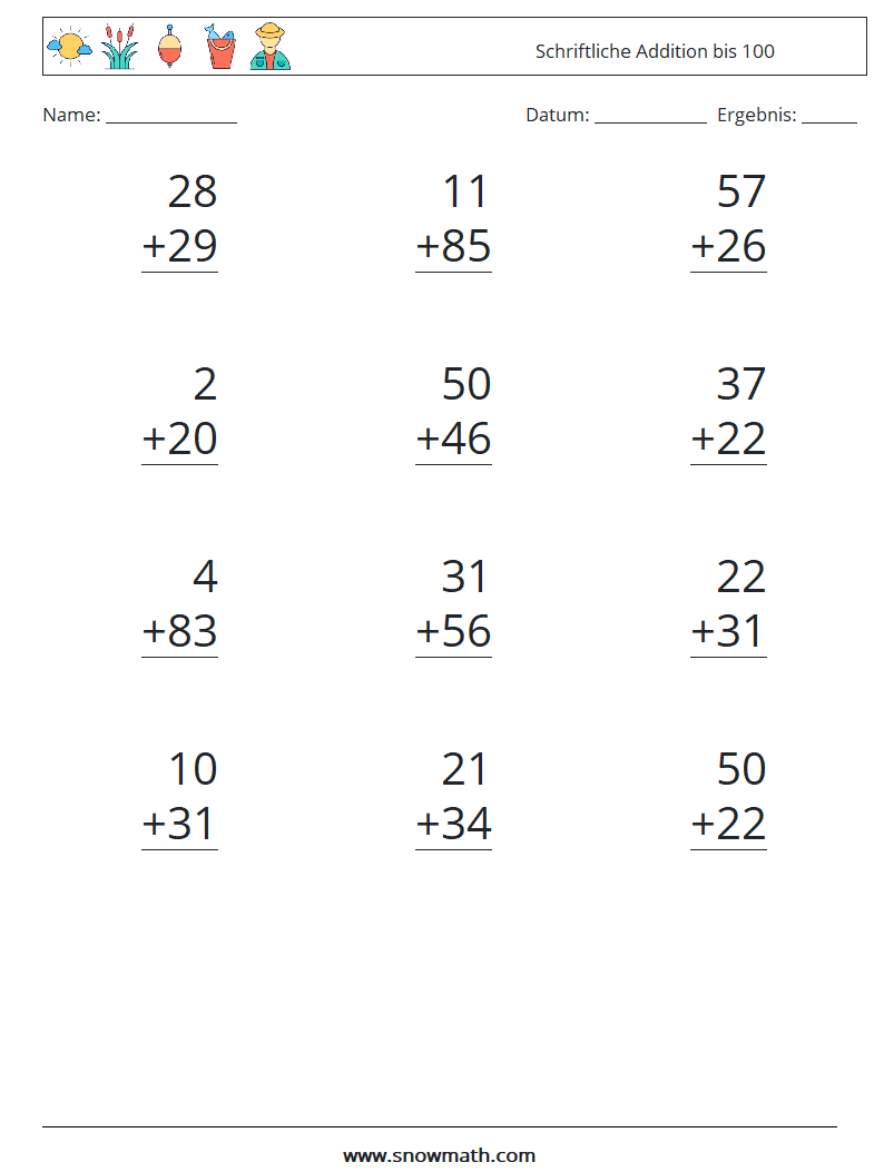 (12) Schriftliche Addition bis 100 Mathe-Arbeitsblätter 7