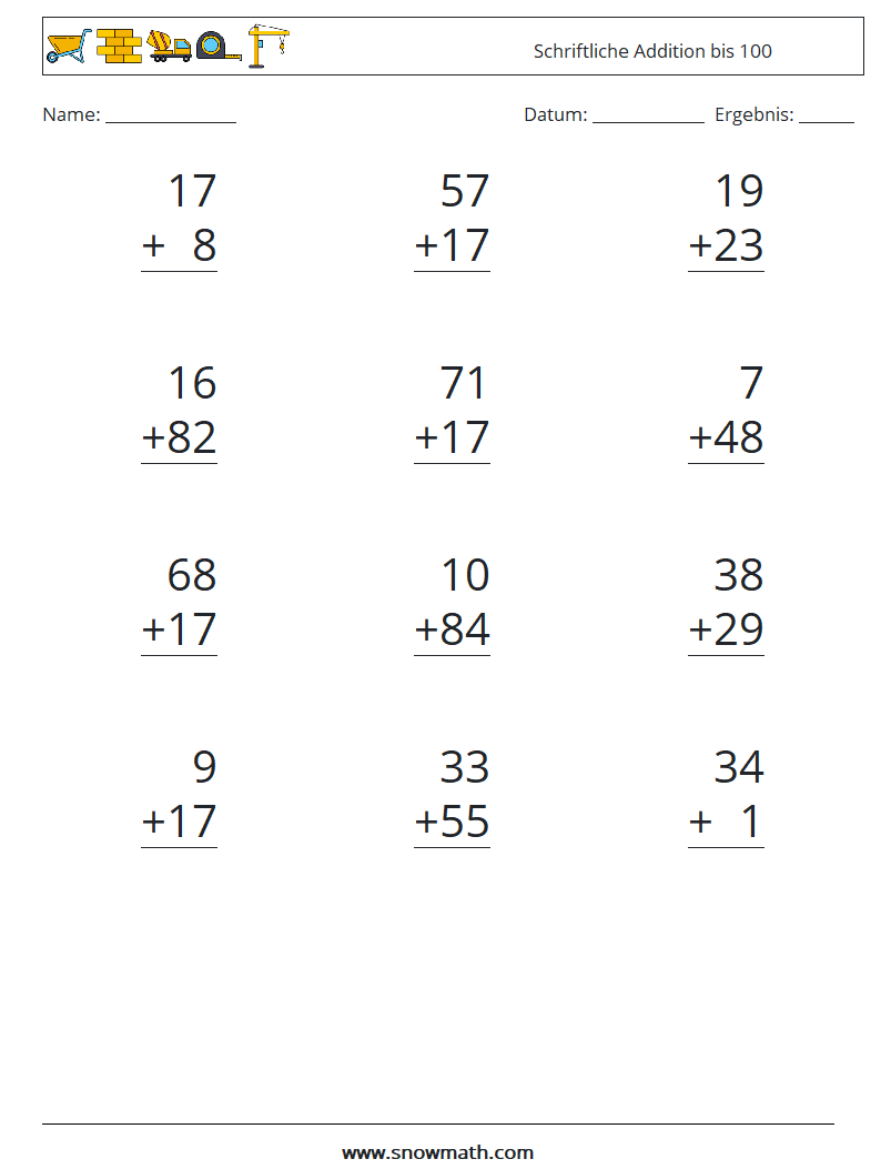 (12) Schriftliche Addition bis 100 Mathe-Arbeitsblätter 8