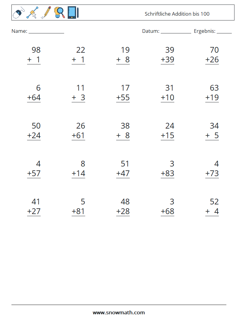 (25) Schriftliche Addition bis 100 Mathe-Arbeitsblätter 10