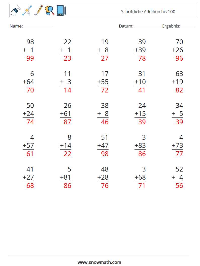 (25) Schriftliche Addition bis 100 Mathe-Arbeitsblätter 10 Frage, Antwort