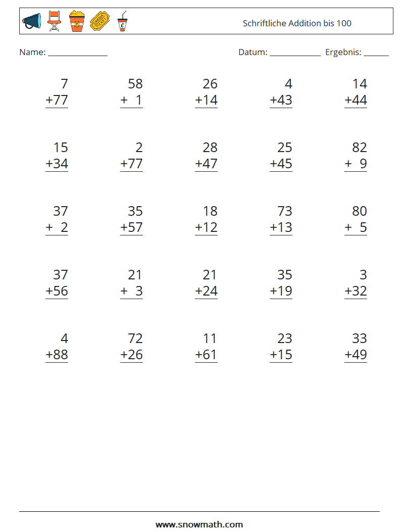 (25) Schriftliche Addition bis 100 Mathe-Arbeitsblätter 11