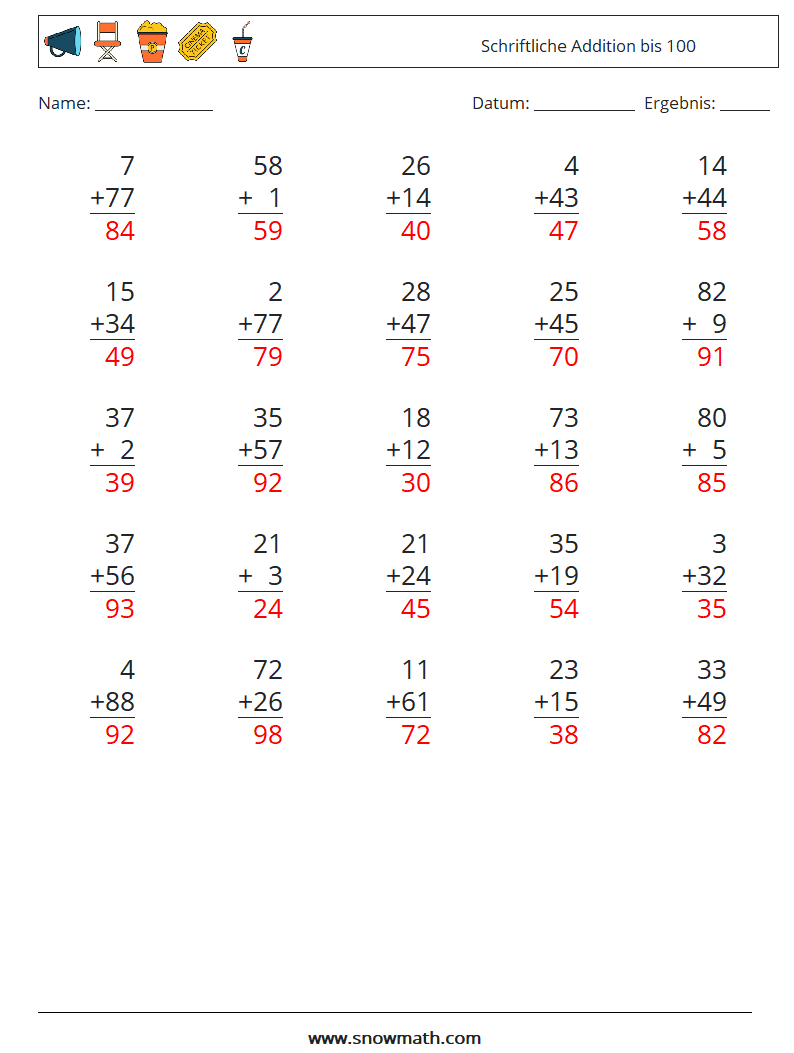 (25) Schriftliche Addition bis 100 Mathe-Arbeitsblätter 11 Frage, Antwort