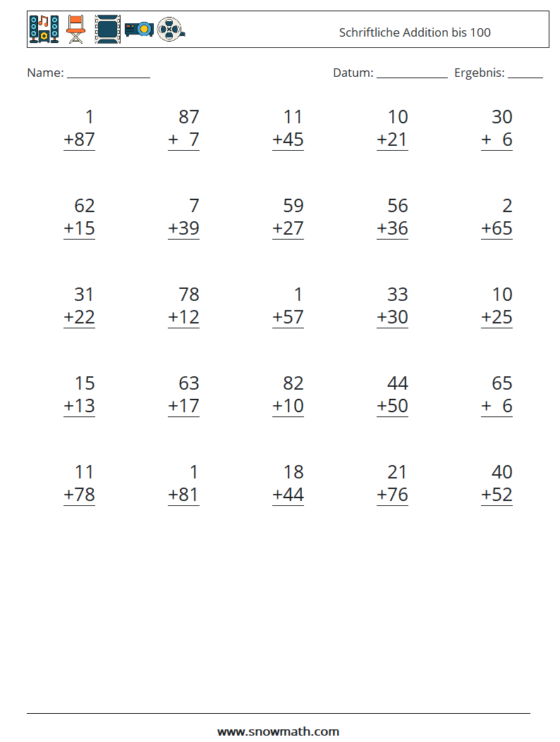 (25) Schriftliche Addition bis 100 Mathe-Arbeitsblätter 12
