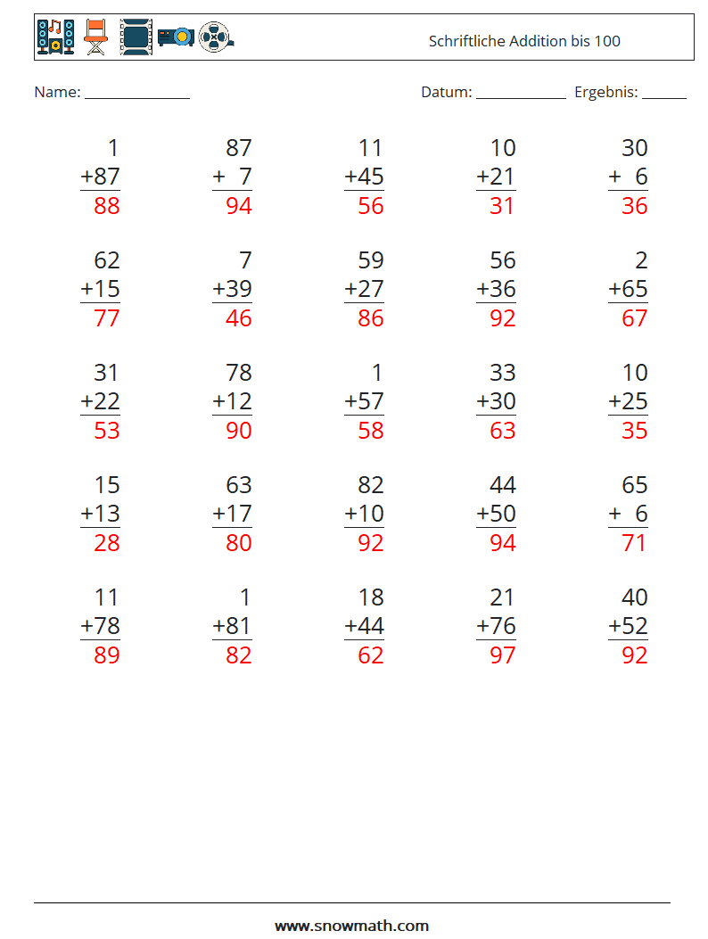 (25) Schriftliche Addition bis 100 Mathe-Arbeitsblätter 12 Frage, Antwort