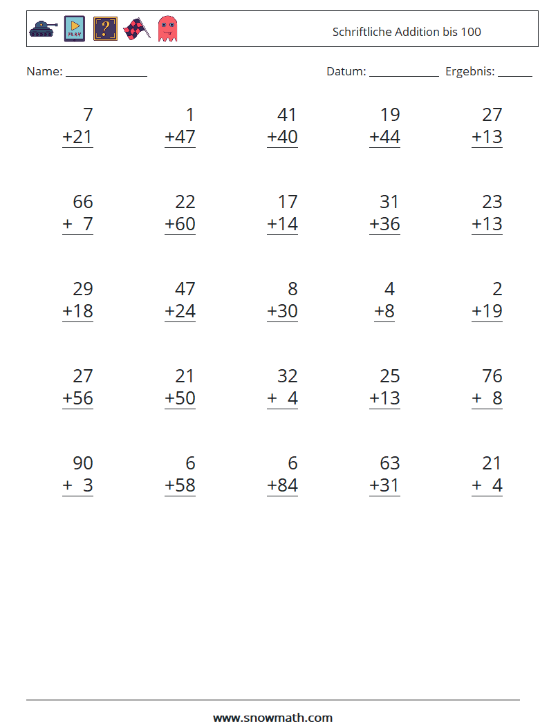 (25) Schriftliche Addition bis 100 Mathe-Arbeitsblätter 13