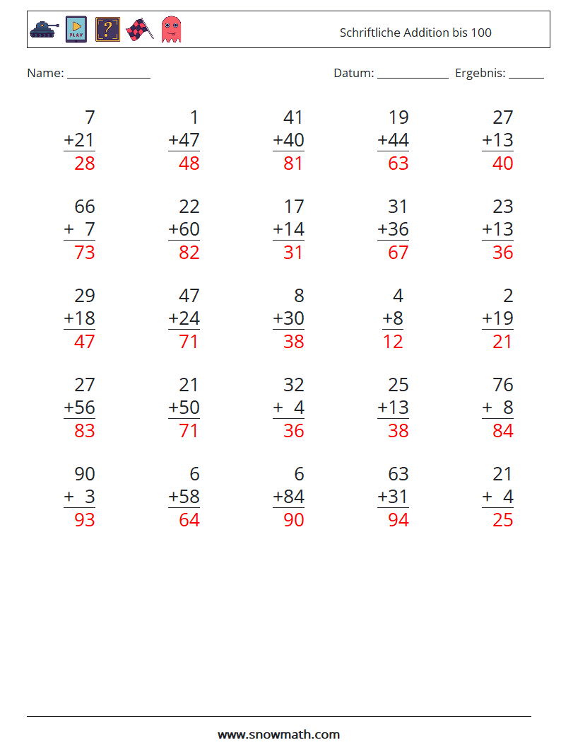 (25) Schriftliche Addition bis 100 Mathe-Arbeitsblätter 13 Frage, Antwort