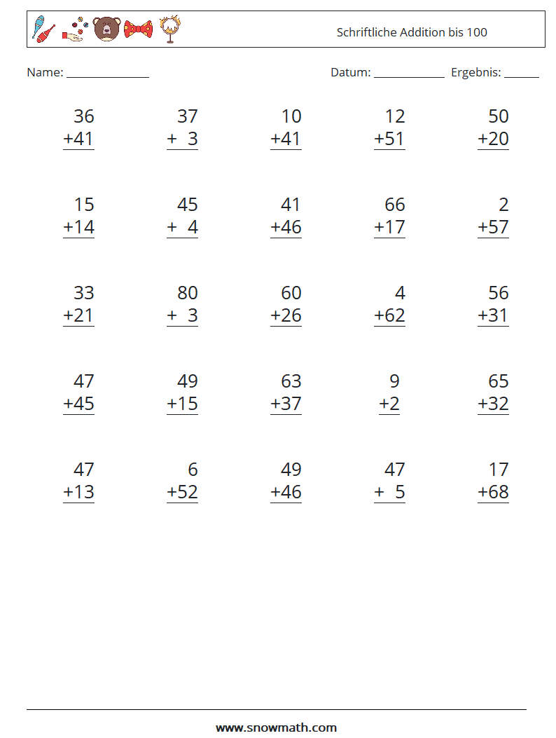 (25) Schriftliche Addition bis 100 Mathe-Arbeitsblätter 14