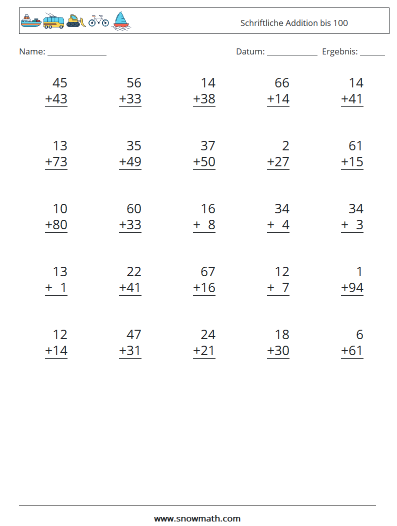 (25) Schriftliche Addition bis 100 Mathe-Arbeitsblätter 15