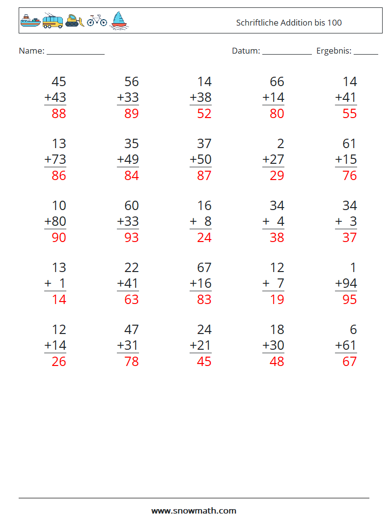 (25) Schriftliche Addition bis 100 Mathe-Arbeitsblätter 15 Frage, Antwort