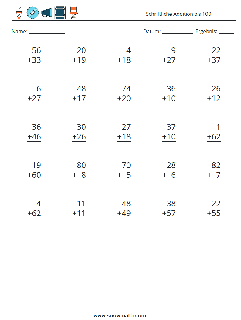 (25) Schriftliche Addition bis 100 Mathe-Arbeitsblätter 16