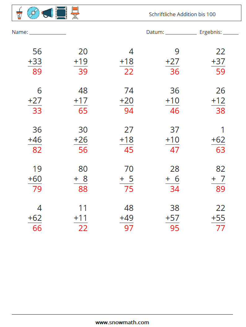 (25) Schriftliche Addition bis 100 Mathe-Arbeitsblätter 16 Frage, Antwort