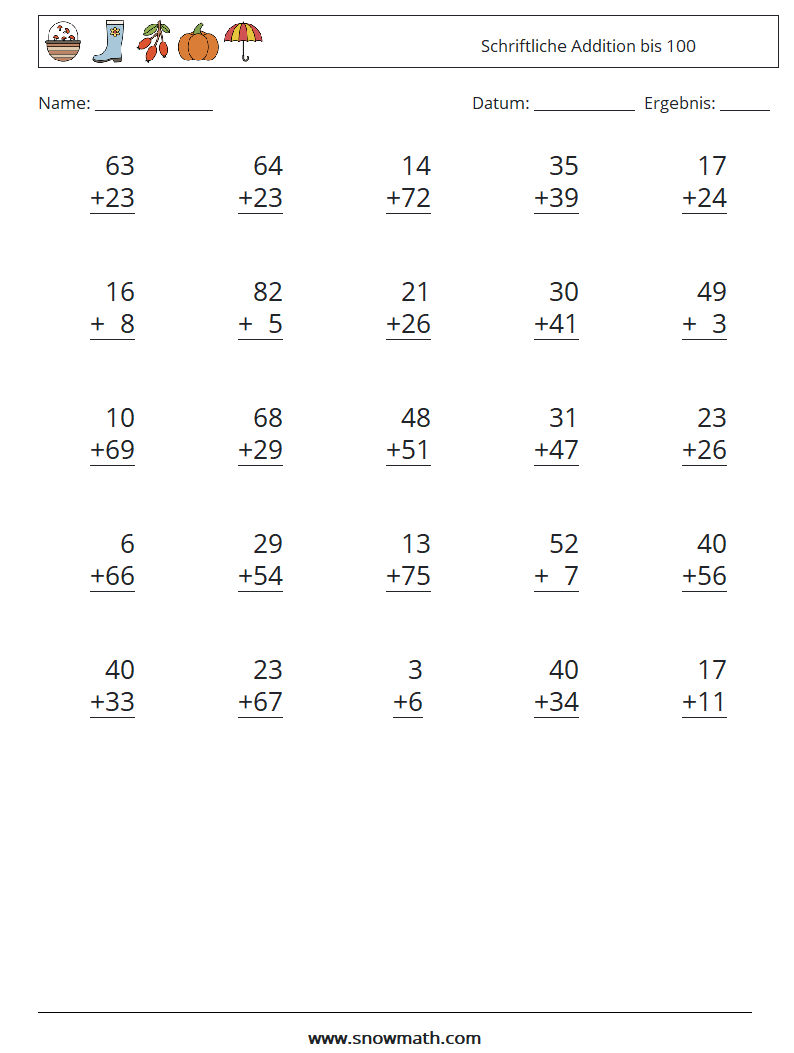 (25) Schriftliche Addition bis 100 Mathe-Arbeitsblätter 17
