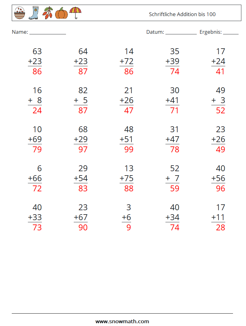 (25) Schriftliche Addition bis 100 Mathe-Arbeitsblätter 17 Frage, Antwort