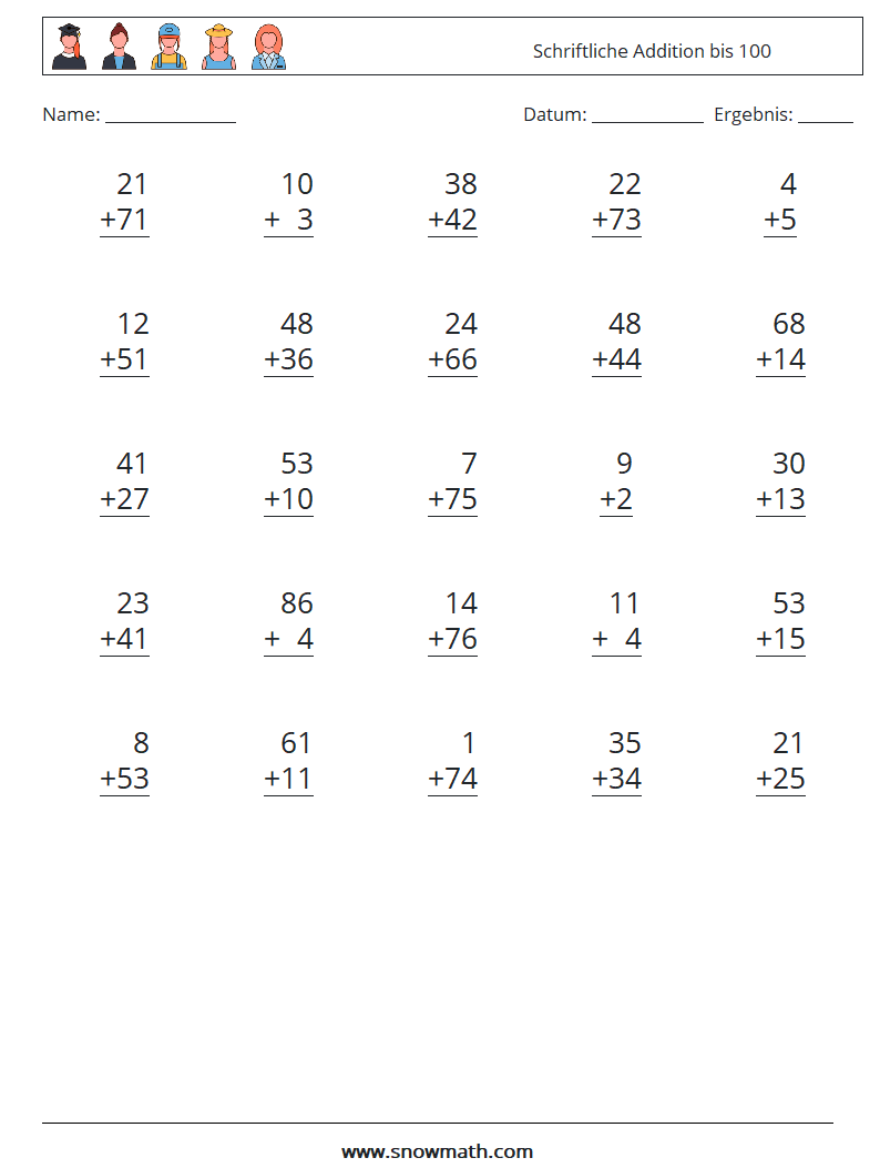 (25) Schriftliche Addition bis 100 Mathe-Arbeitsblätter 18