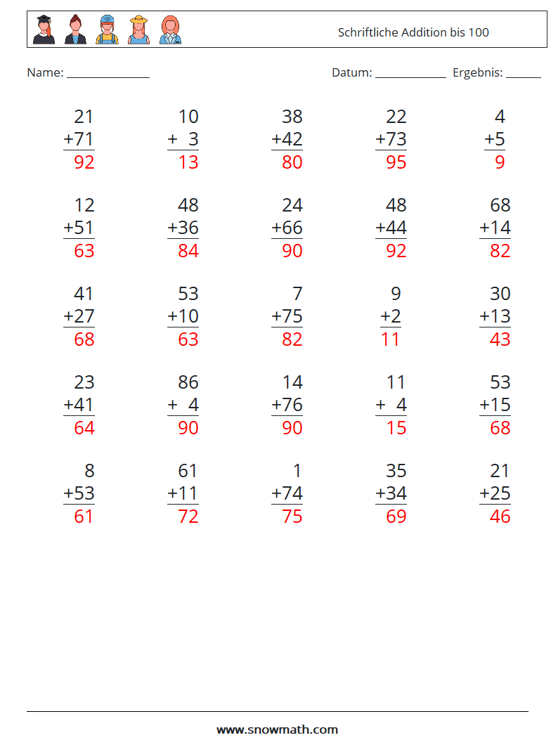 (25) Schriftliche Addition bis 100 Mathe-Arbeitsblätter 18 Frage, Antwort