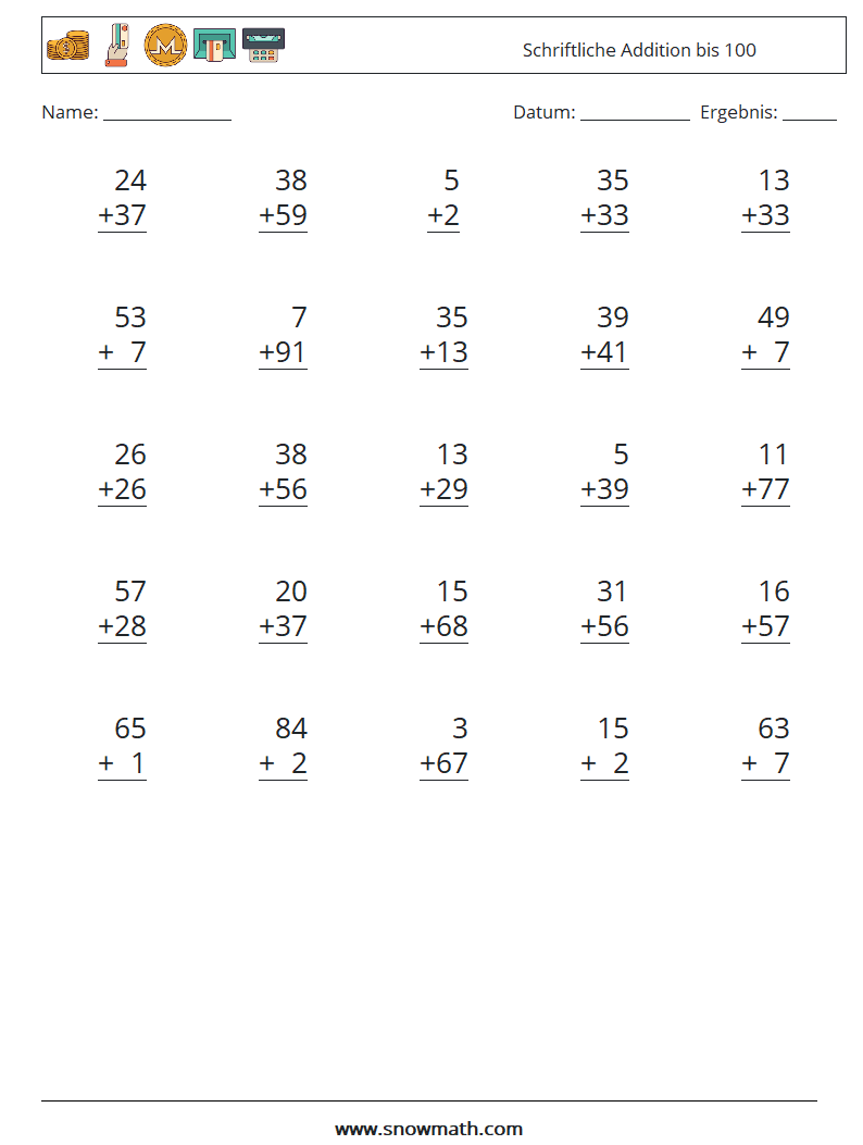 (25) Schriftliche Addition bis 100 Mathe-Arbeitsblätter 2