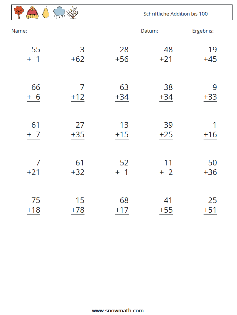 (25) Schriftliche Addition bis 100 Mathe-Arbeitsblätter 3