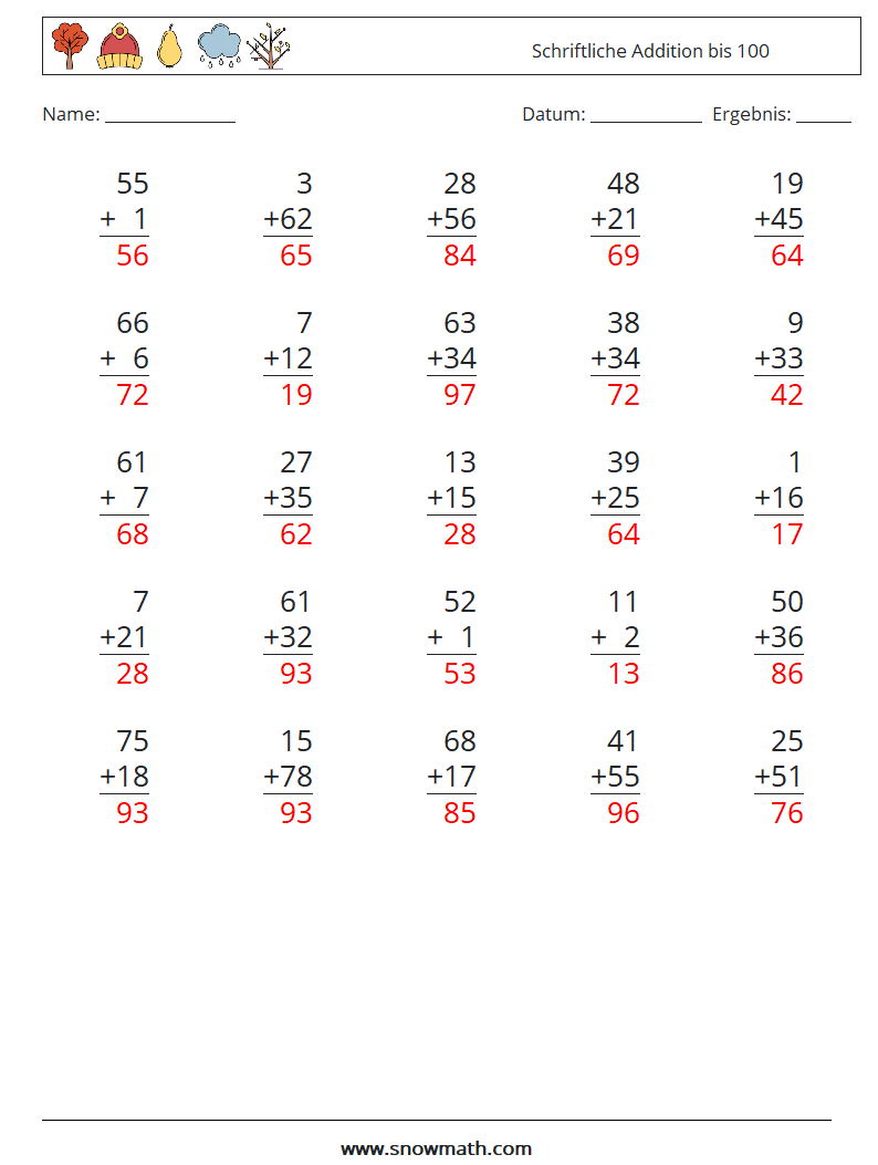 (25) Schriftliche Addition bis 100 Mathe-Arbeitsblätter 3 Frage, Antwort