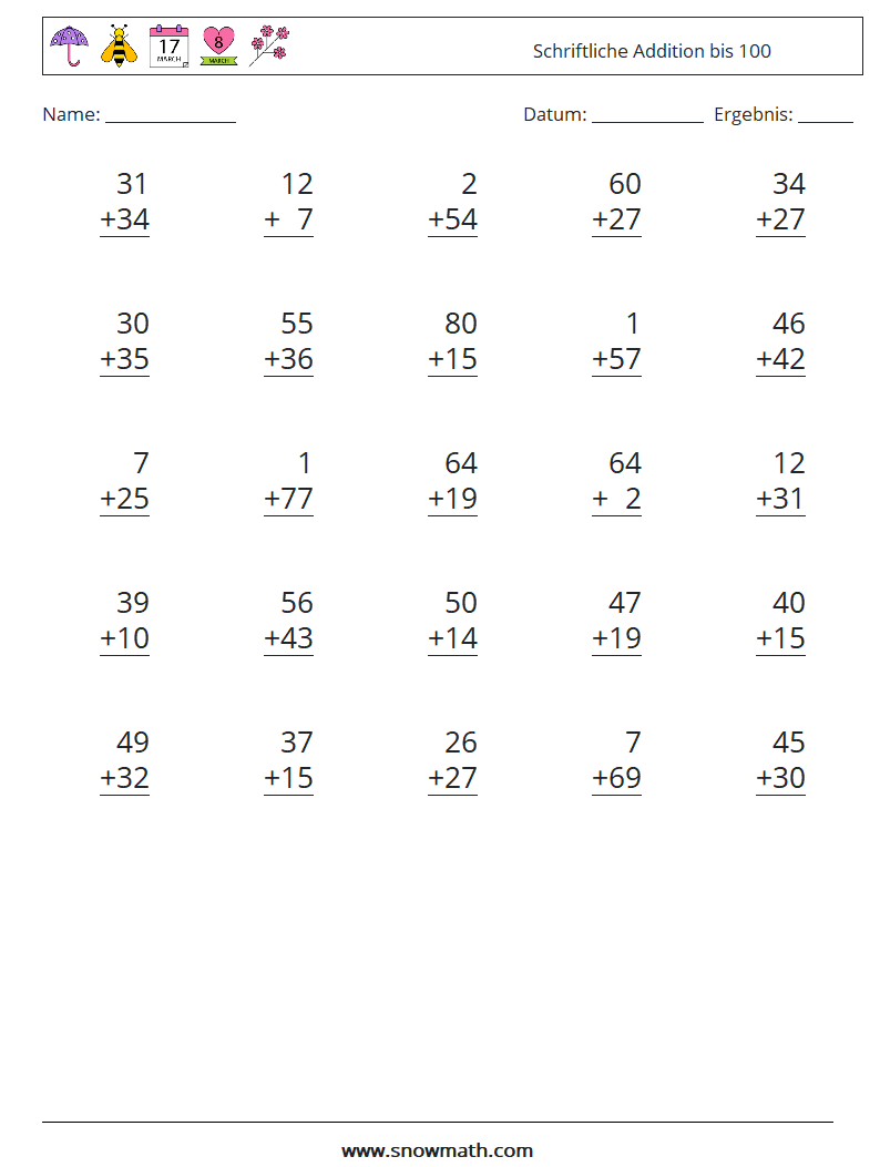 (25) Schriftliche Addition bis 100 Mathe-Arbeitsblätter 4