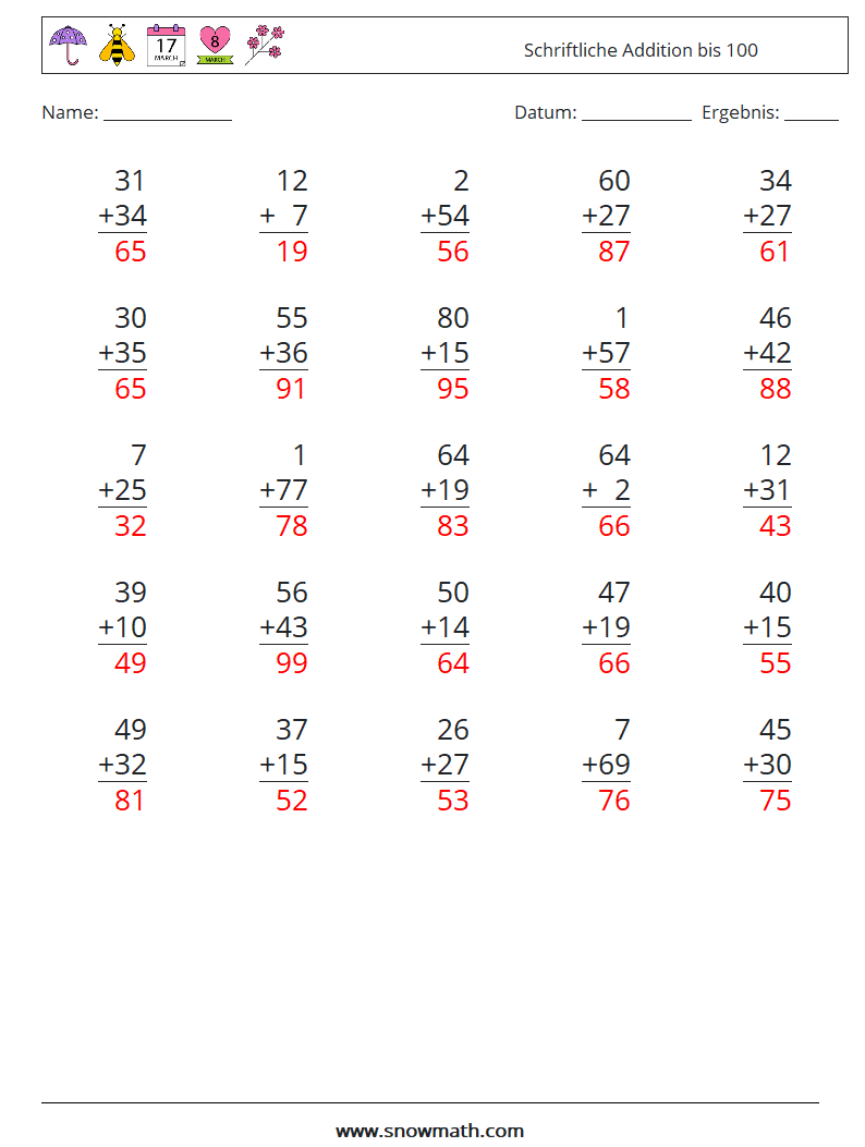 (25) Schriftliche Addition bis 100 Mathe-Arbeitsblätter 4 Frage, Antwort