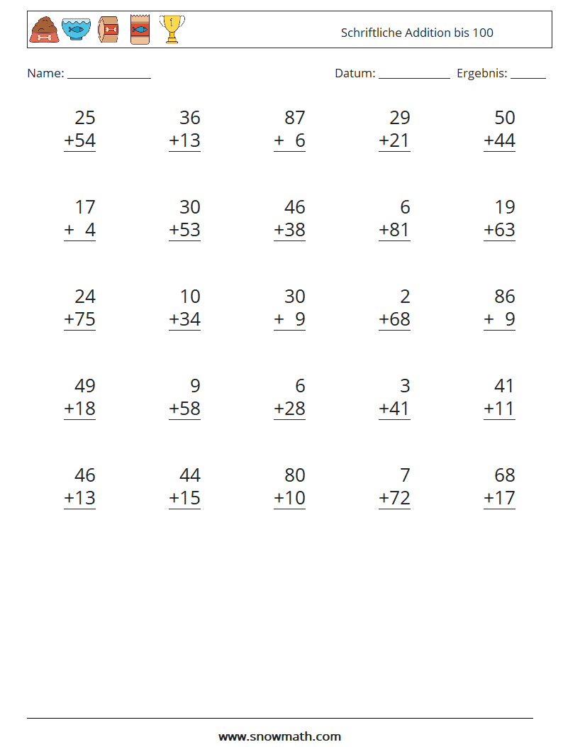 (25) Schriftliche Addition bis 100 Mathe-Arbeitsblätter 5