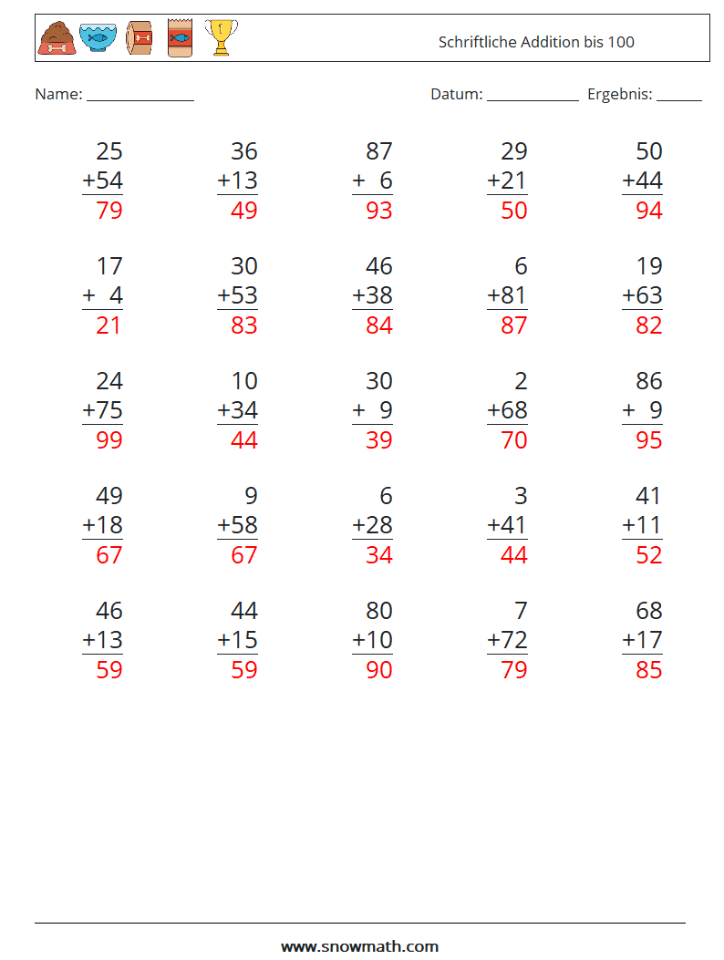 (25) Schriftliche Addition bis 100 Mathe-Arbeitsblätter 5 Frage, Antwort