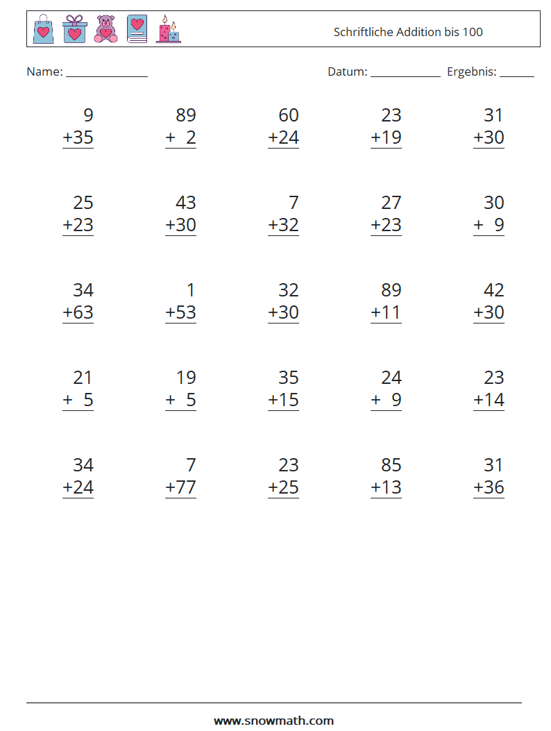 (25) Schriftliche Addition bis 100 Mathe-Arbeitsblätter 6