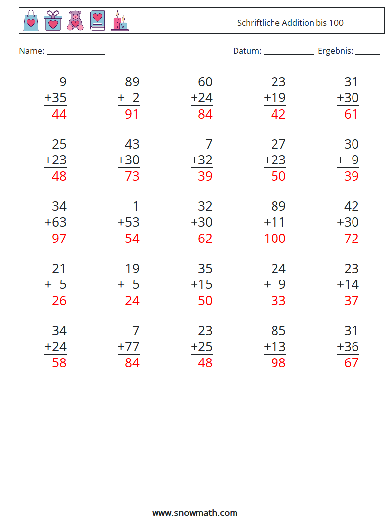 (25) Schriftliche Addition bis 100 Mathe-Arbeitsblätter 6 Frage, Antwort