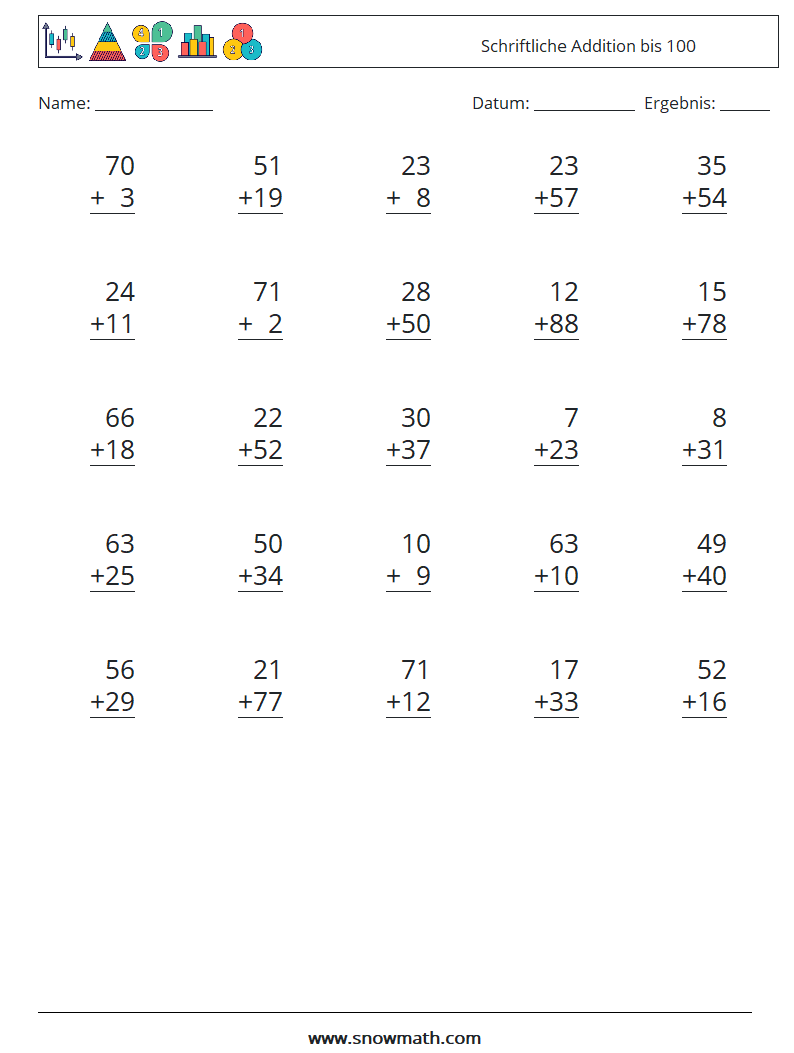 (25) Schriftliche Addition bis 100 Mathe-Arbeitsblätter 7