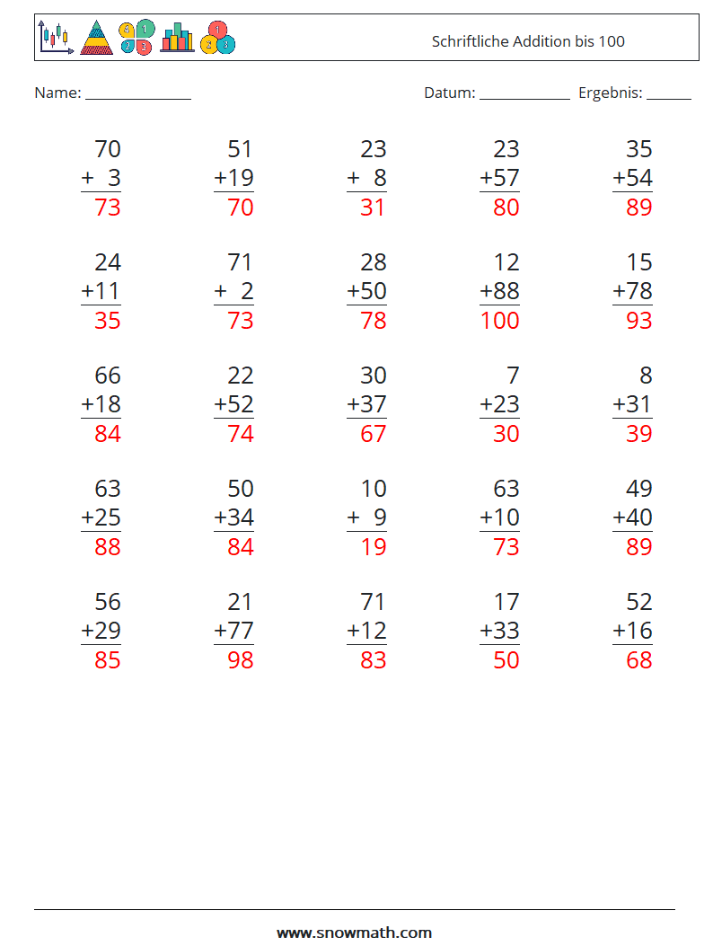 (25) Schriftliche Addition bis 100 Mathe-Arbeitsblätter 7 Frage, Antwort