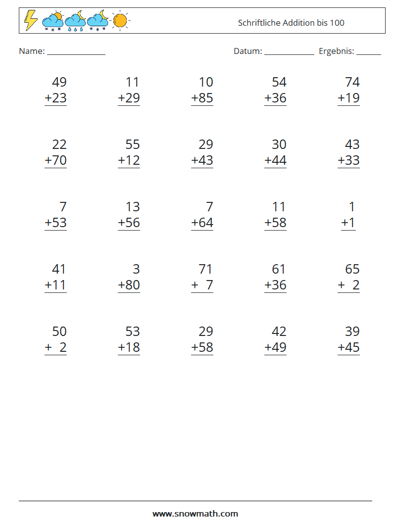 (25) Schriftliche Addition bis 100 Mathe-Arbeitsblätter 8