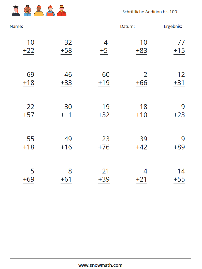 (25) Schriftliche Addition bis 100 Mathe-Arbeitsblätter 9