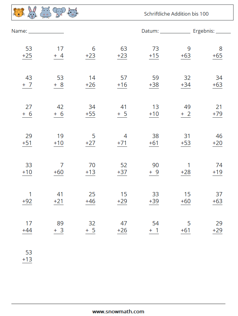 (50) Schriftliche Addition bis 100 Mathe-Arbeitsblätter 13