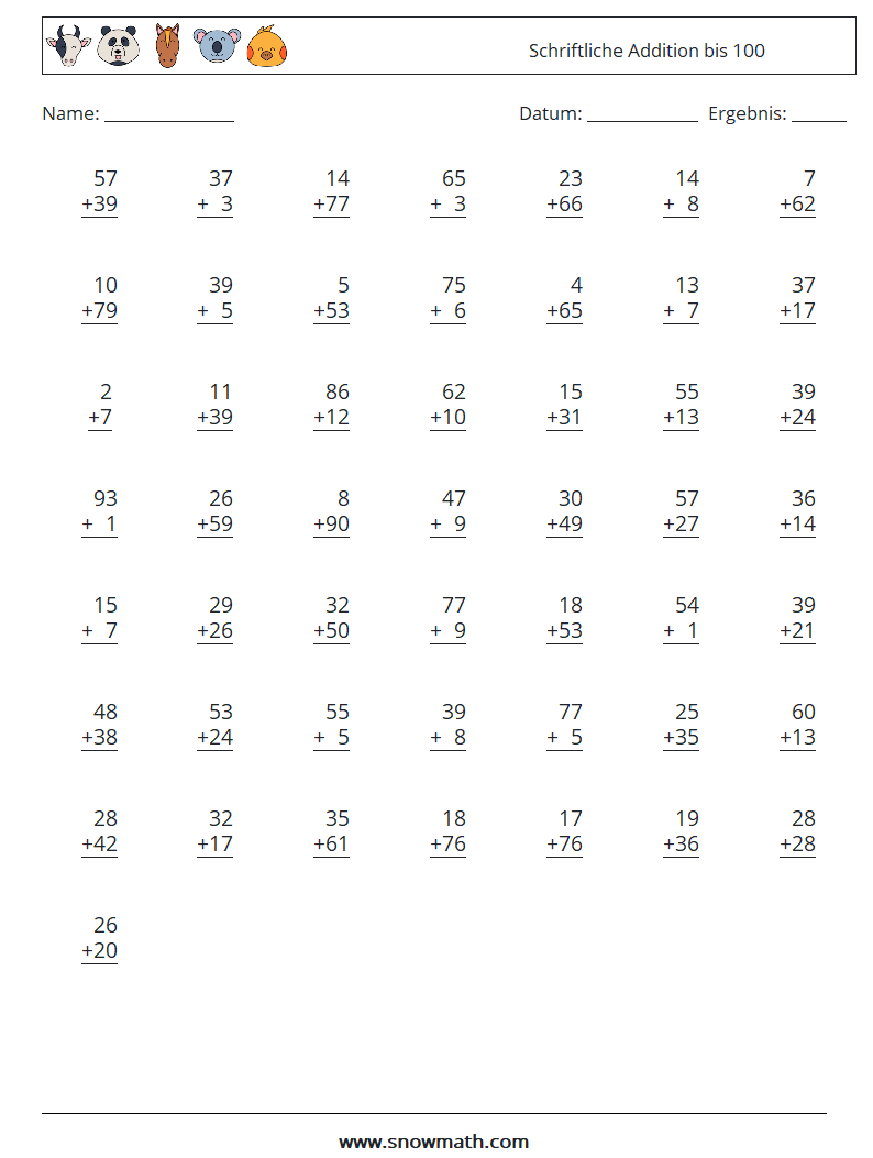 (50) Schriftliche Addition bis 100 Mathe-Arbeitsblätter 14