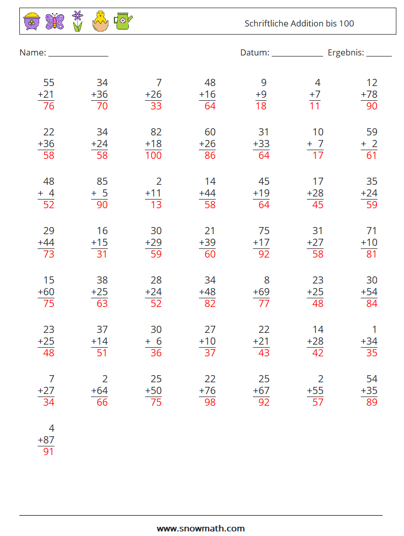 (50) Schriftliche Addition bis 100 Mathe-Arbeitsblätter 15 Frage, Antwort