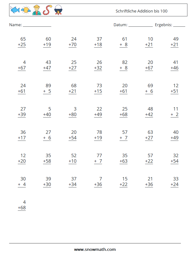 (50) Schriftliche Addition bis 100 Mathe-Arbeitsblätter 17