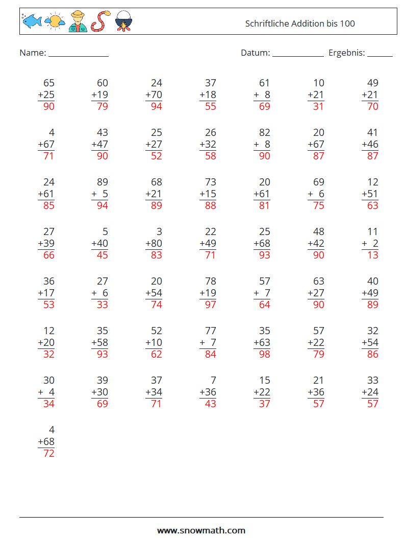 (50) Schriftliche Addition bis 100 Mathe-Arbeitsblätter 17 Frage, Antwort