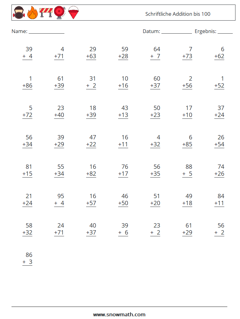 (50) Schriftliche Addition bis 100 Mathe-Arbeitsblätter 18