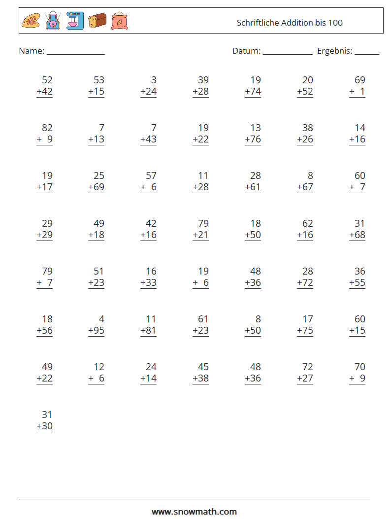 (50) Schriftliche Addition bis 100 Mathe-Arbeitsblätter 4
